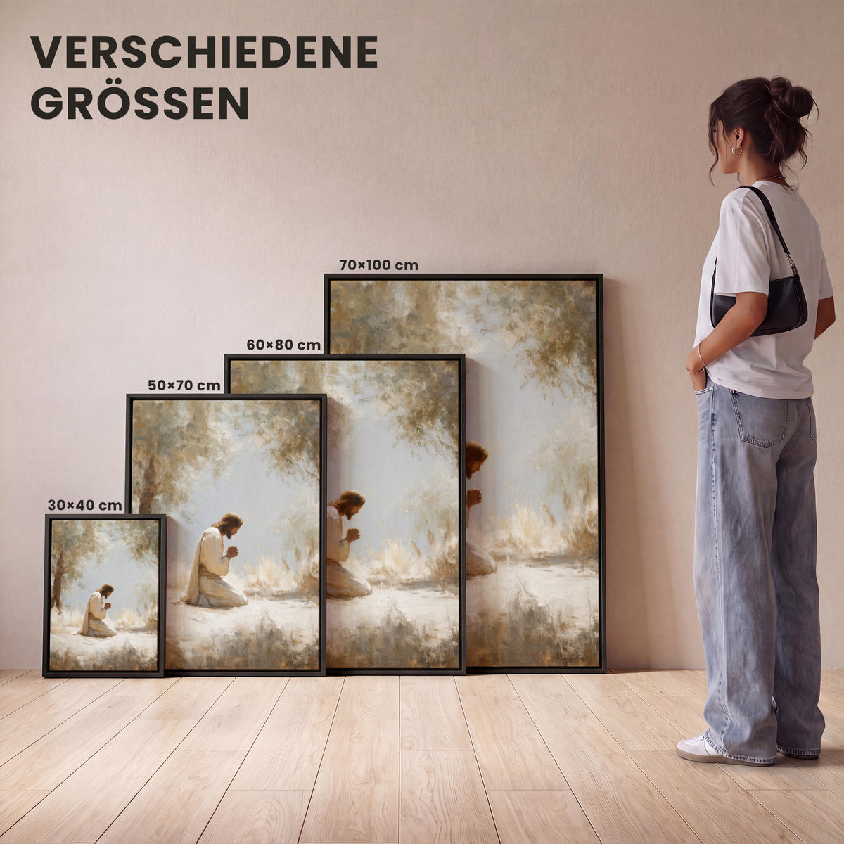 LEINWAND Bilder mit Rahmen - Jesus - Kniend - Waldlandschaft - Betend - 30x40 - Beige, Textil (30/40cm) - MuchoWow