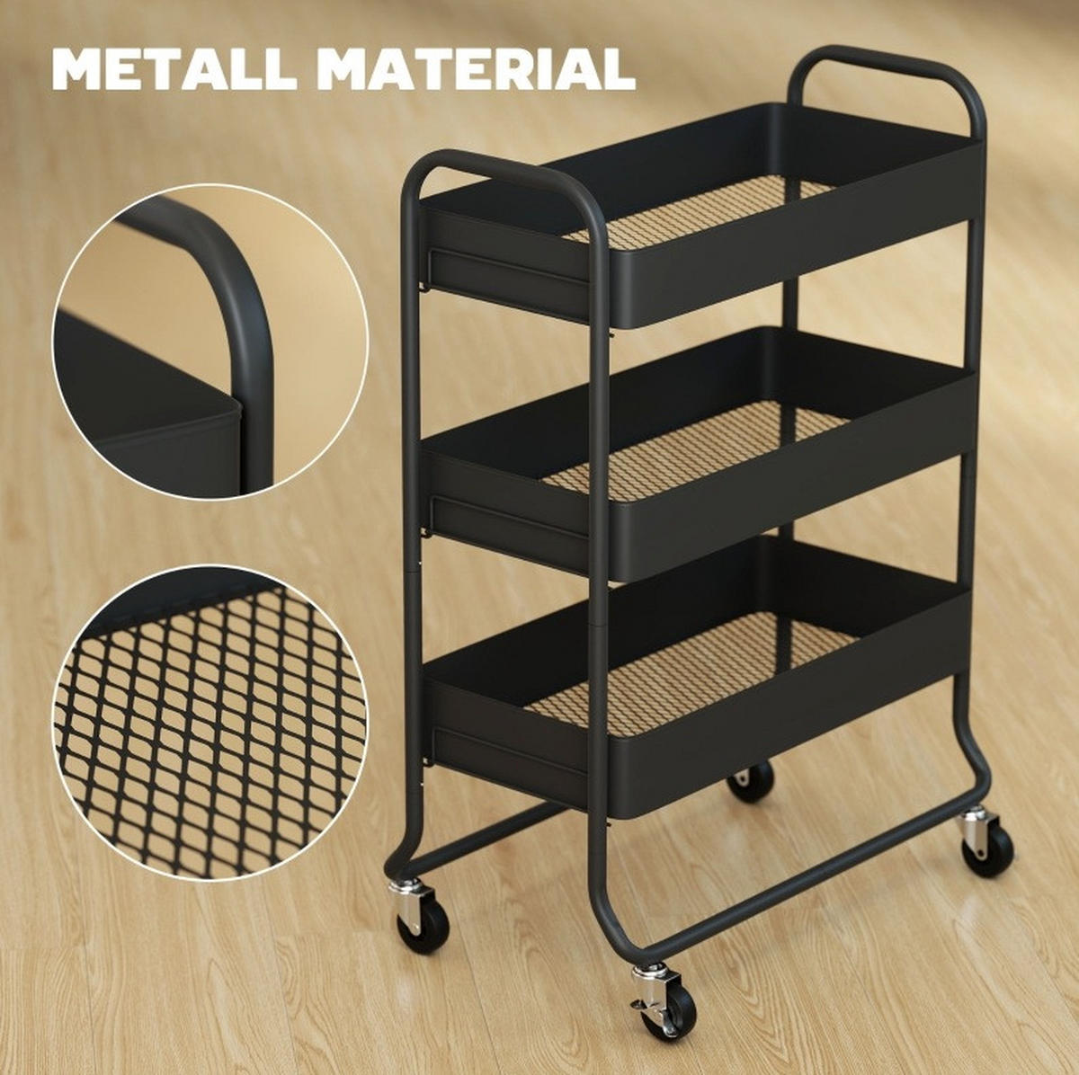 KÜCHENWAGEN mit 3 Körben 64,5 x 34 x 87 cm Schwarz - Schwarz, Metall (34/87/64.5cm) - Beauniv