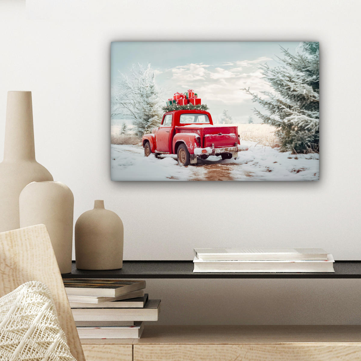 LEINWANDBILD Auto - Rot - Geschenke - Winter - Schnee - Weihnachten Deko Schlafzimmer 30x20 cm - Rot, Textil (30/20cm) - MuchoWow