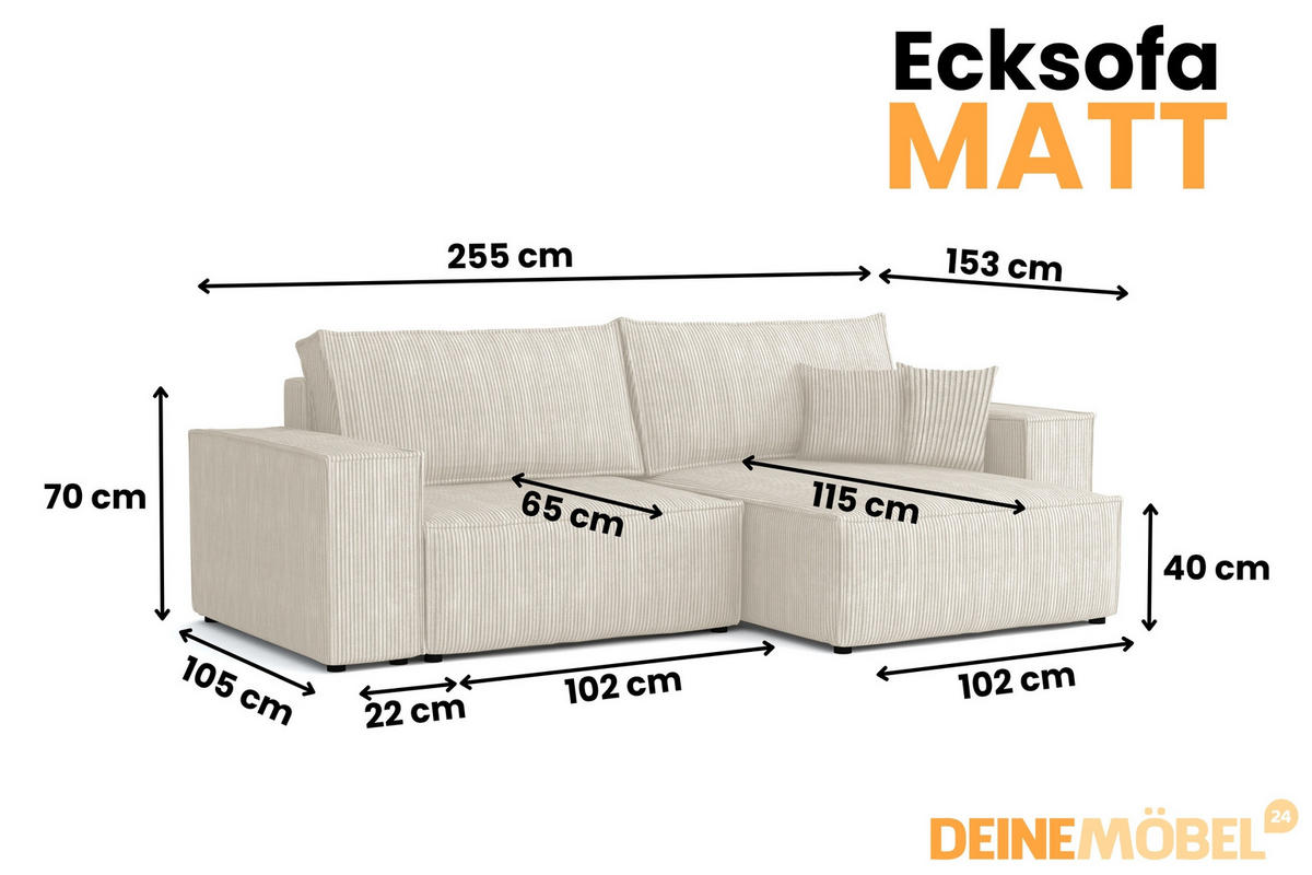 ECKSOFA MATT 255/153 cm links in Cord Creme - Creme/Schwarz, Holz/Holzwerkstoff (255/153cm) - Deine Möbel 24