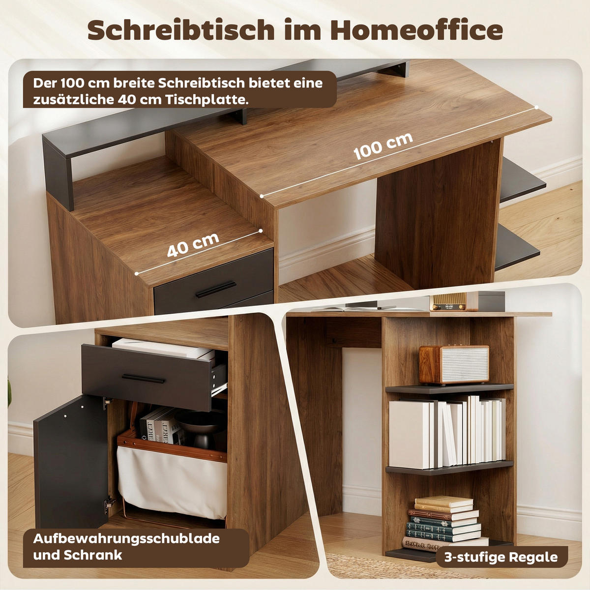 COMPUTERTISCH Spanplatte MDF Eiche - Eichefarben, Holzwerkstoff (140/60/82cm) - HOMCOM