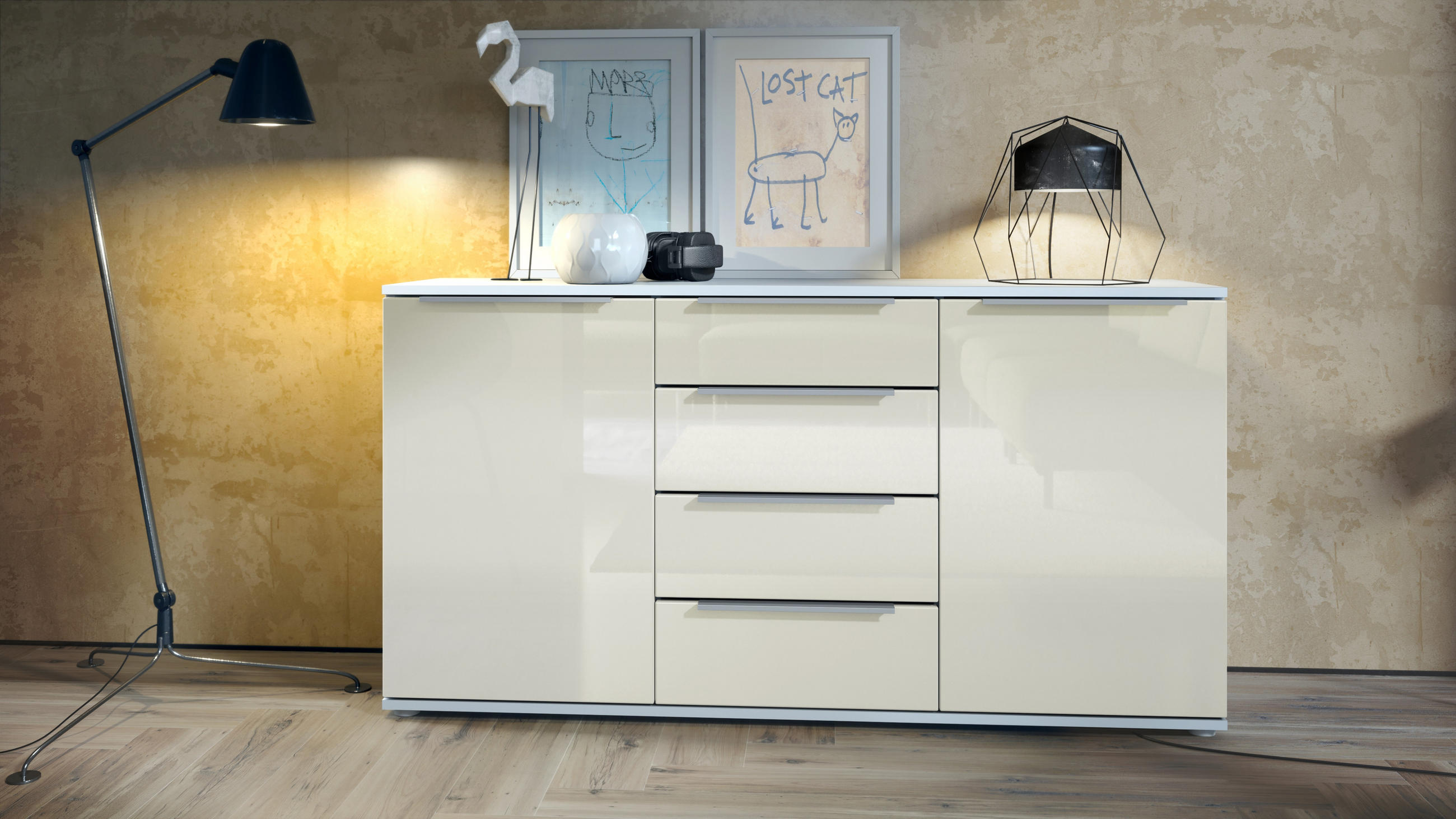 SIDEBOARD Porto Creme Hochglanz - Creme, Holzwerkstoff (139/72.5/35cm) - Vladon