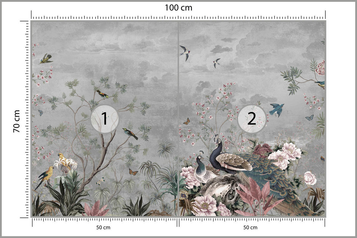FOTOTAPETE für Büro Pfauen Vögel Pflanzen Bäume Tropische Blumen 100x70 - Multicolor, Papier (100/70cm) - Muralo