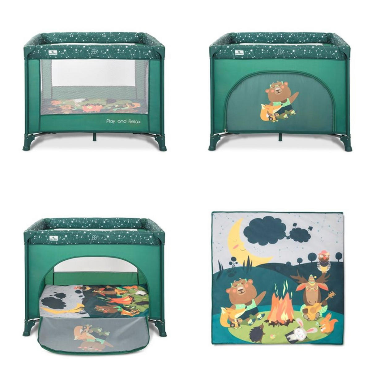 LAUFSTALL Play`n Relax grün 100 x 100 cm, seitliche Öffnung, Matratze, Tragetasche, Babyreisebett - Grün, Metall (100/75/100cm) - Lorelli