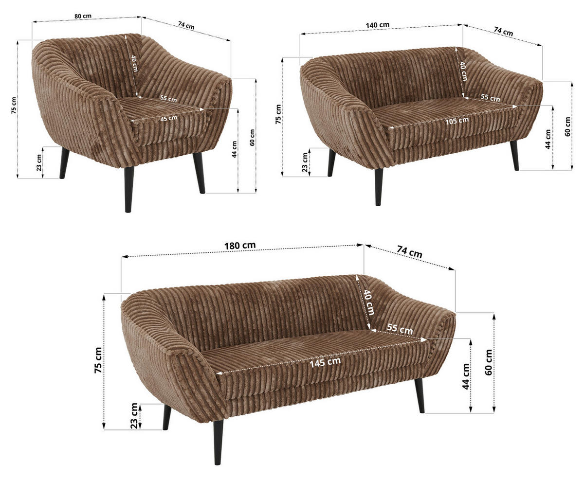 SEDACÍ SOUPRAVA 3+2+1 PIRS - Hnědá Manšestr - Černé nohy - černá/hnědá, kompozitní dřevo/textil (180/75/74cm) - MKS