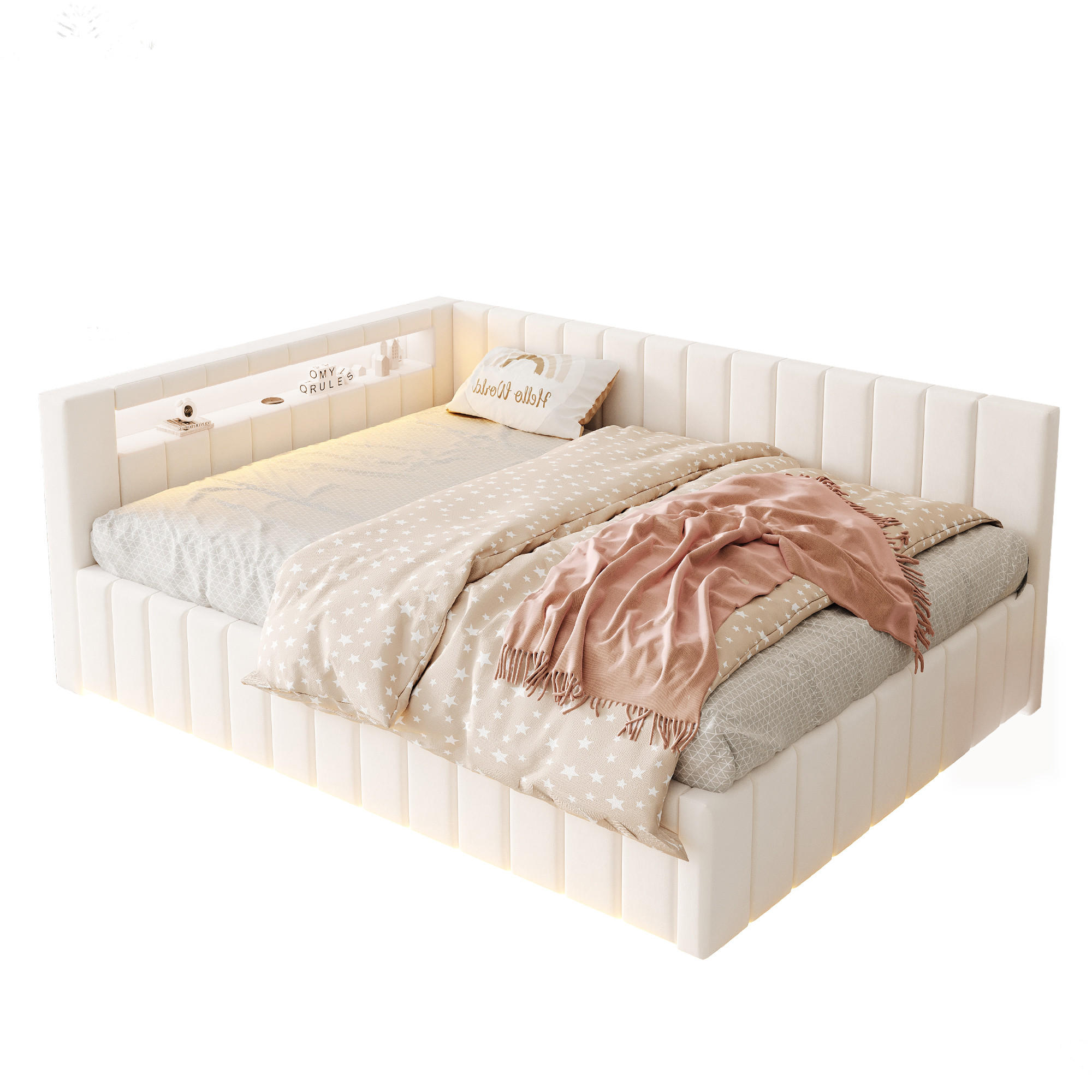 POLSTERBETT 140/200 cm in Beige Samt mit Bettkasten, LED und USB - Beige, Holzwerkstoff/Textil (140/200cm) - WISHDOR
