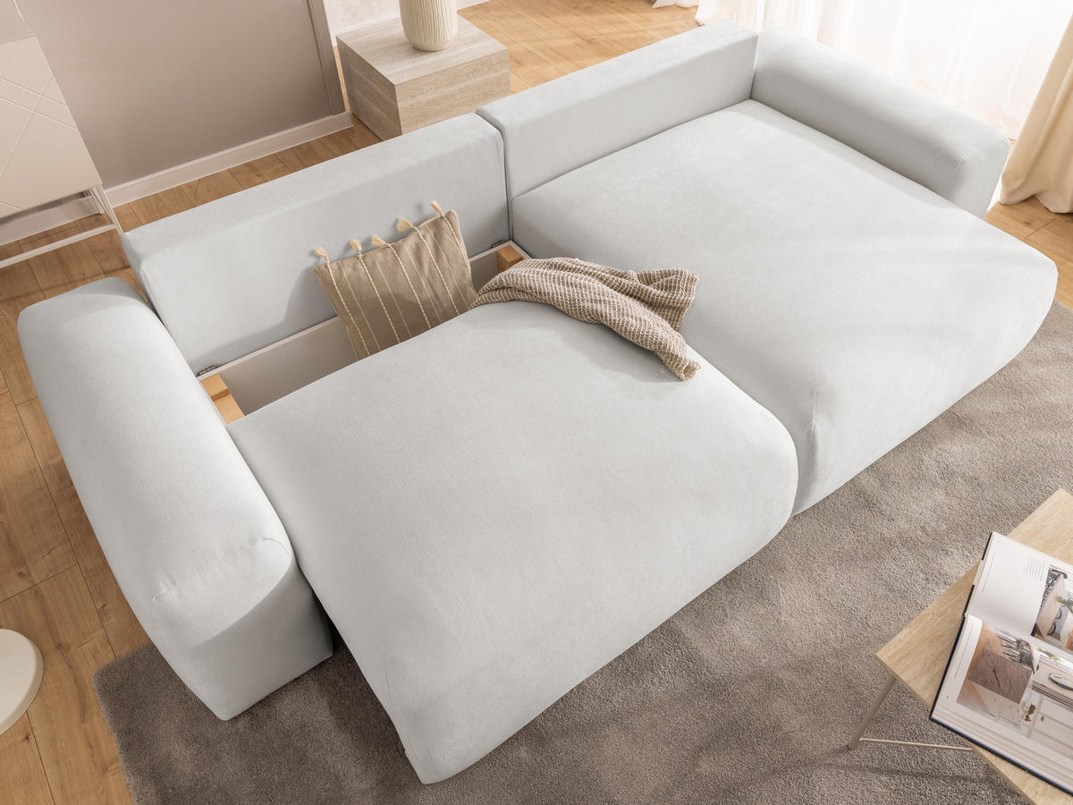 ECKSOFA Puffy mit Schlaffunktion und Bettkasten - besonders weich und puffig aus Creme Webstoff - Ottomane rechts - Creme/Schwarz, Holz/Kunststoff (266/138cm) - S-Style Möbel