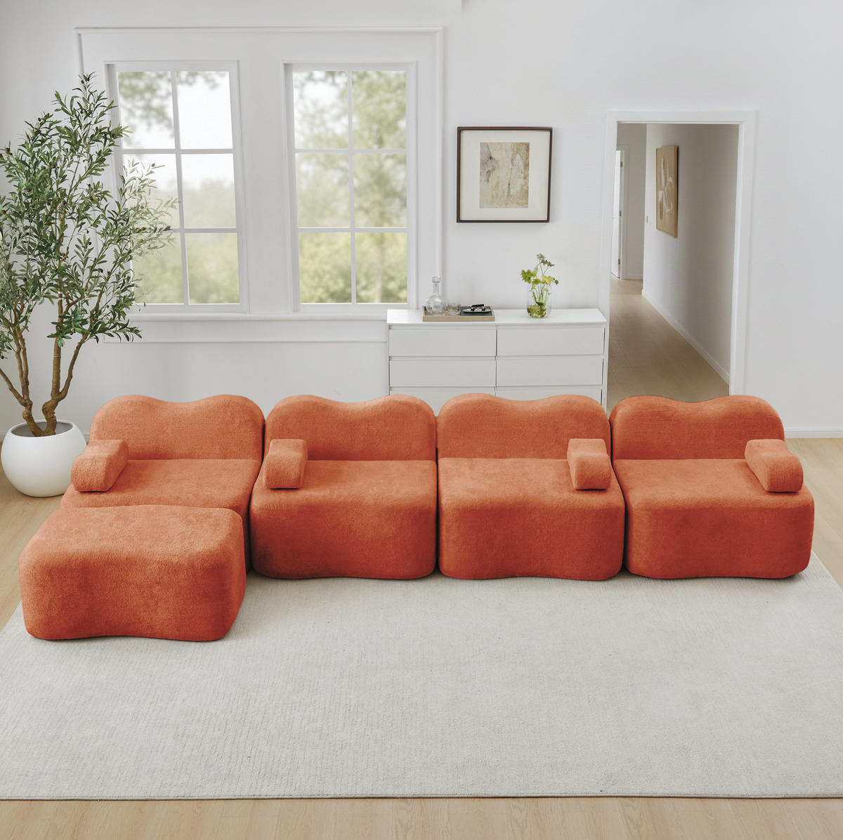 ECKSOFA 384/167/70 cm Orange aus Samt mit Wellenform und modularem Hocker - Orange, Textil (167/384cm) - OKWISH