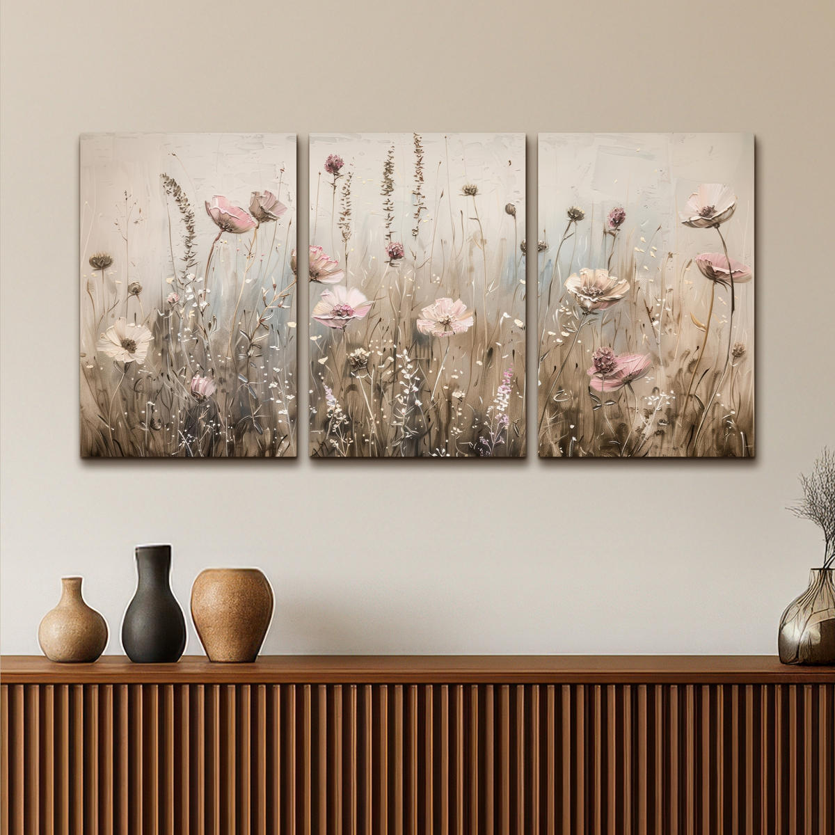 LEINWANDBILD 3er Set Blumen - Beige - Modern - Rosa 120x60 cm - Ecru, Textil (120/60cm) - MuchoWow