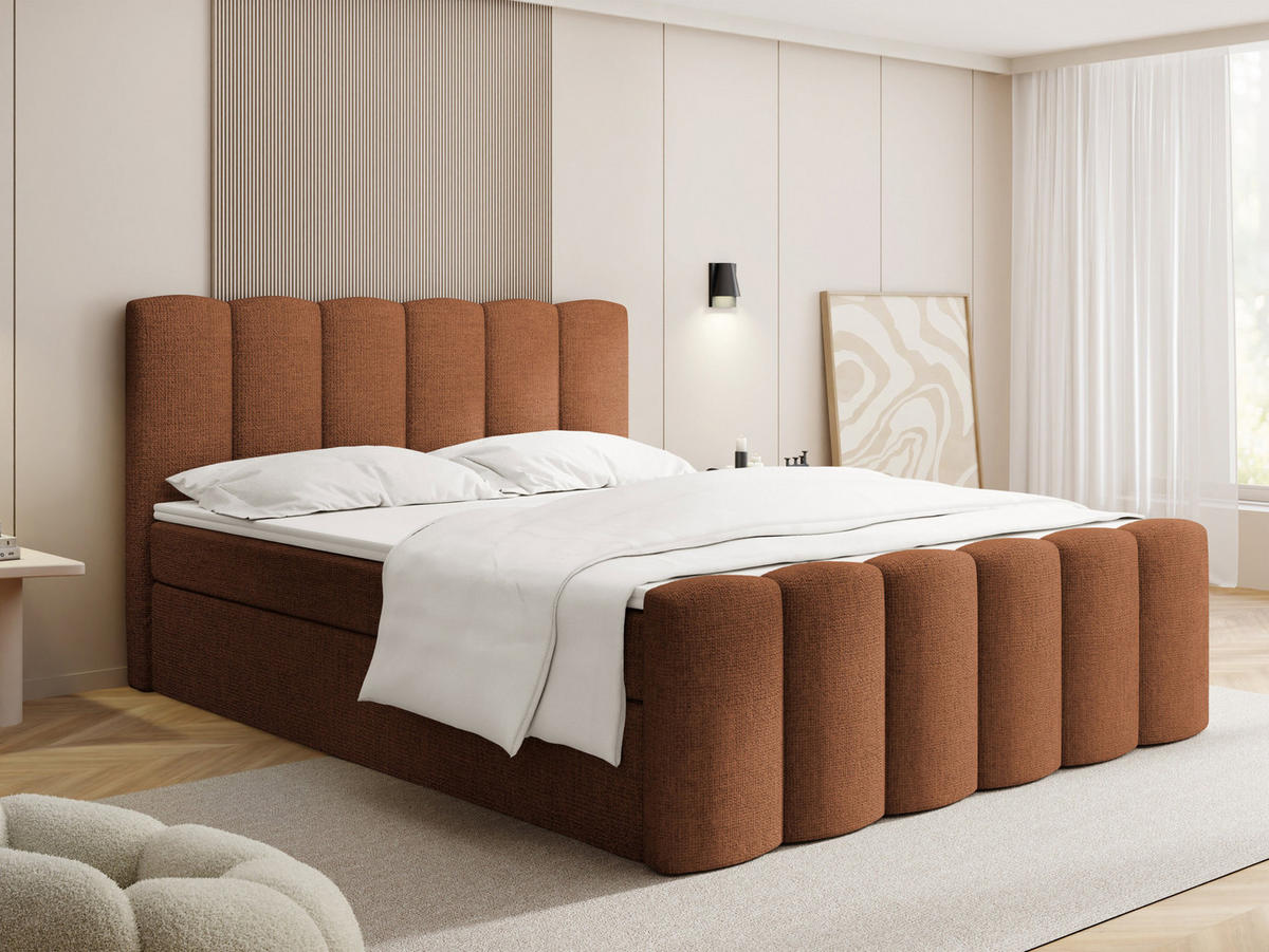BOXBETT Serenity mit Bettkasten, Orange Chenille 160x200 cm – inkl. H4 Taschenfederkern Matratze & Foam Topper - Schwarz/Orange, Holz/Holzwerkstoff (160/200cm) - WFL GROUP