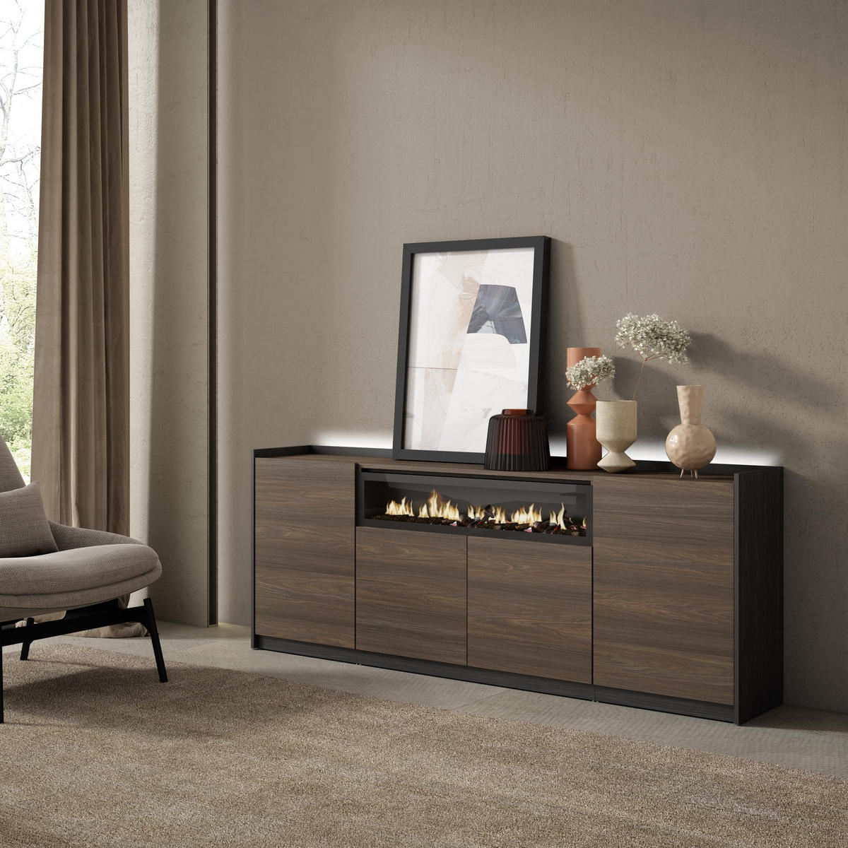 SIDEBOARD, Eiche und Schwarz, 207/37/80cm, Kamin mit Feuereffekt - Dunkelbraun, Holzwerkstoff (207/80/37cm) - Skraut Home