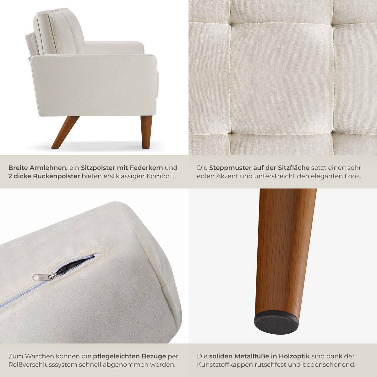 SOFA Skagen, 135 x 76 x 85 cm, Samtoptik creme - Creme/Braun, Kunststoff/Textil (135/85/76cm) - tectake