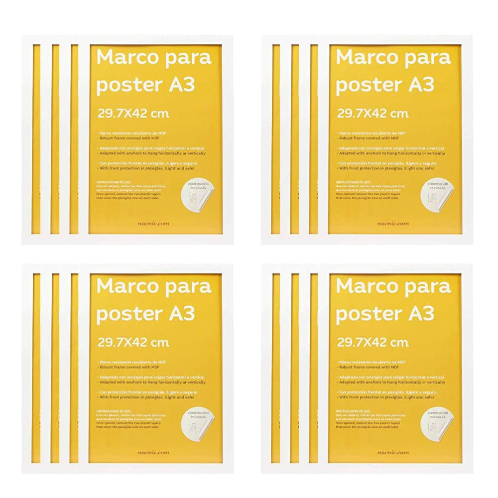 RAHMEN Set mit 12 aus MDF und Acrylglas Schutz und Aussteller für Fotografien, Bilder, Poster, Gemälde, Dekoration für Haus Farbe Weiß A3 - Weiß, Holz (29.7/3/42cm) - Nacnic