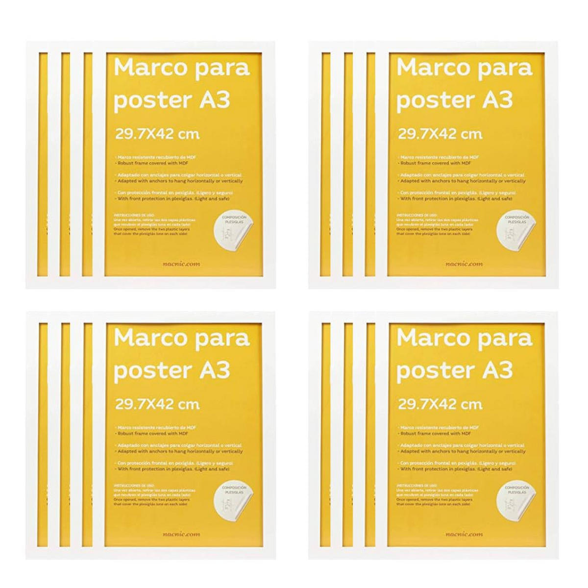 RAHMEN Set mit 12 aus MDF und Acrylglas Schutz und Aussteller für Fotografien, Bilder, Poster, Gemälde, Dekoration für Haus Farbe Weiß A3 - Weiß, Holz (29.7/3/42cm) - Nacnic