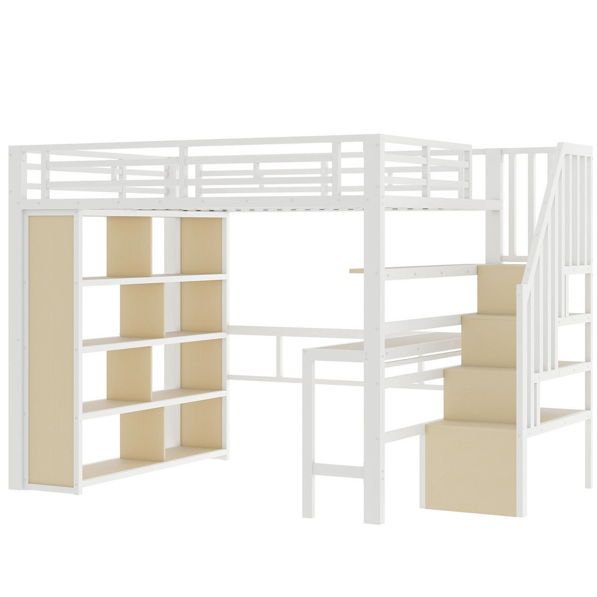 HOCHBETT mit Schreibtisch 140/200 cm in Weiß – mit Stauraumtreppe und LED-Lichtleiste - Weiß, Metall (140/200cm) - BEAOK