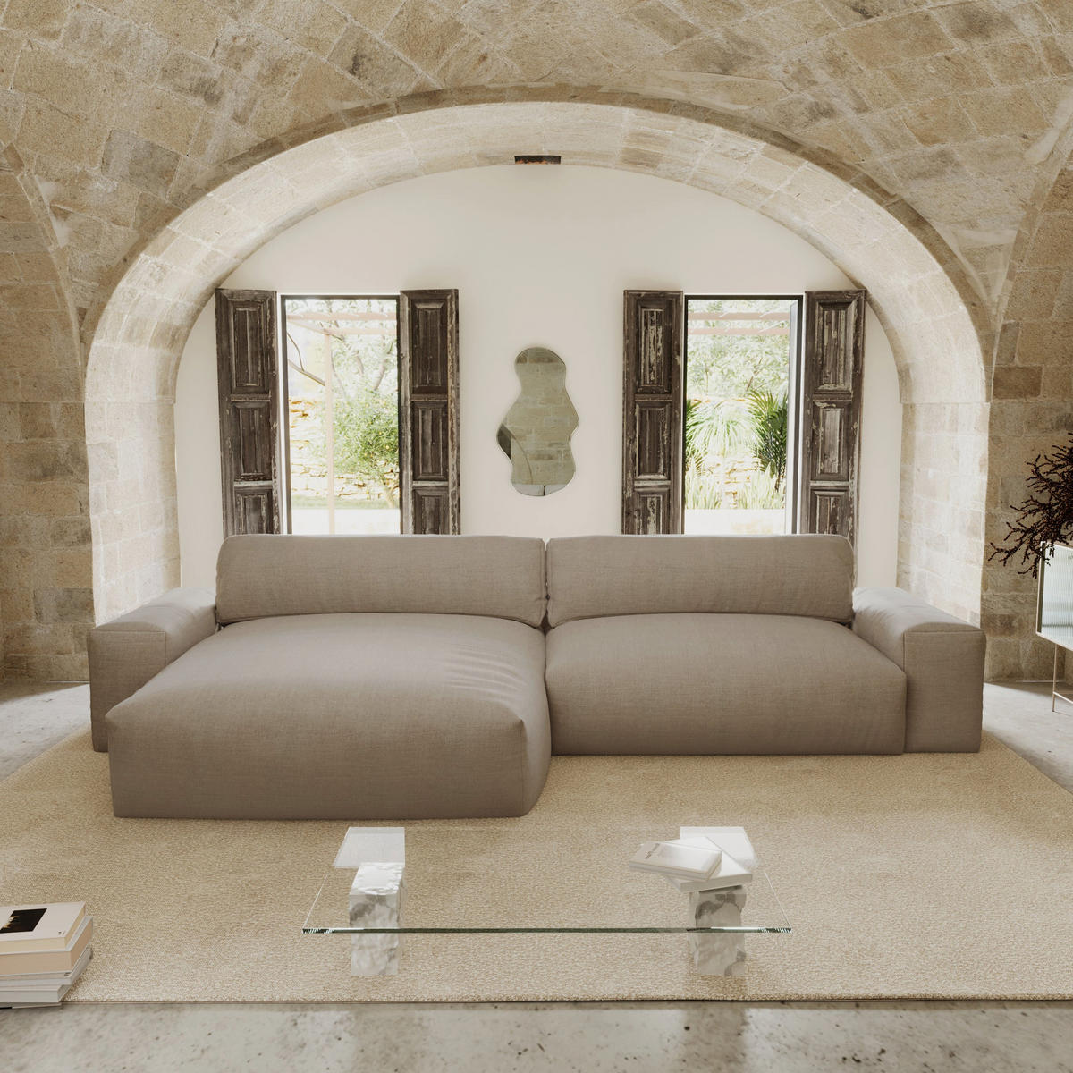 ECKSOFA LINKS Rastergewebe mit weichem Griff Taupe 310cm - Taupe, Textil (174/310cm) - Sia Home