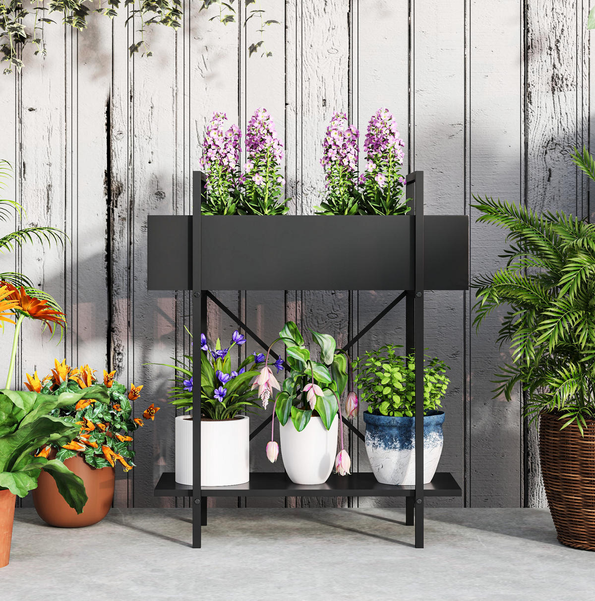 GARTENREGAL aus Metall 60x25x70 cm in Schwarz mit 2 Ebenen - Schwarz, Metall (25/70/60cm) - Modfu