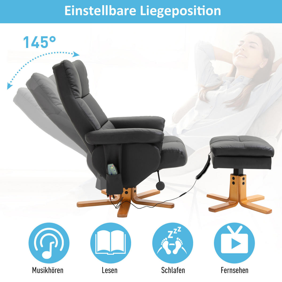RELAXSESSEL mit Liegefunktion Massagesessel mit Fußhocker Polyester Schwarz - Schwarz, Leder/Holz (86/99/80cm) - HOMCOM