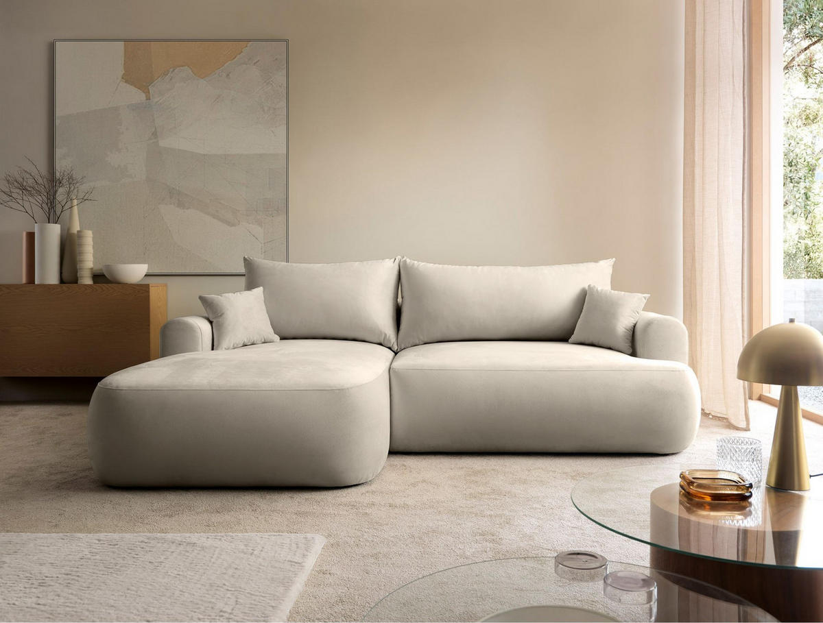 ECKSOFA Ovo Hellbeige mit wasserabweisendem Samtbezug - Ecru/Schwarz, Kunststoff/Textil (260/165cm) - Selsey