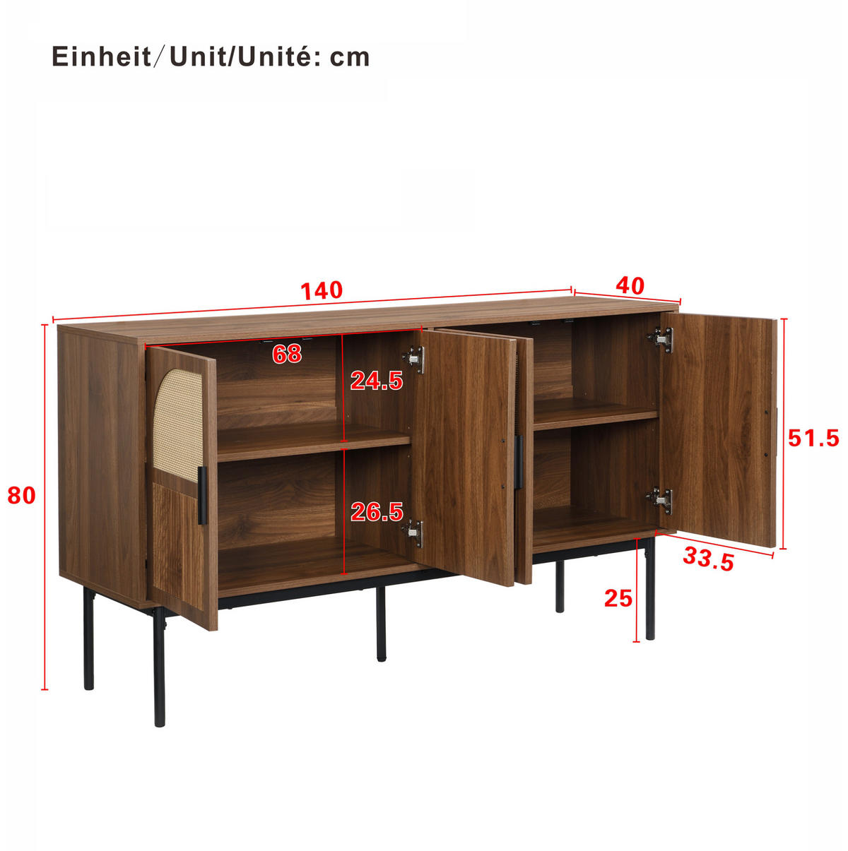 KOMMODE aus MDF 140x40x80cm in Natur mit Rattan-Optik - Naturfarben, Holzwerkstoff (140/80/40cm) - Modfu