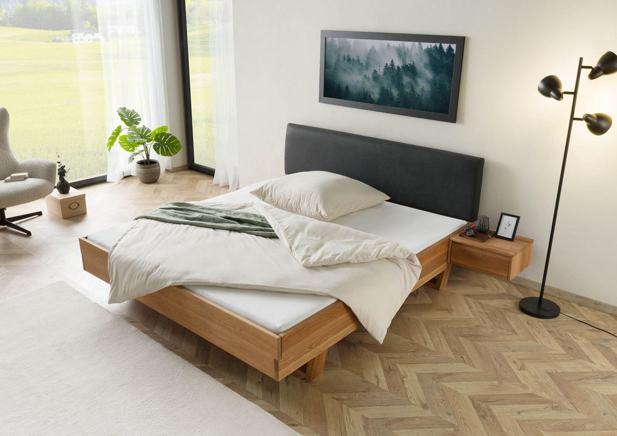 BETT mit Nachttisch Massivholz Eiche 200 x 200 x 86 natur FICHTELBERG #32 - Anthrazit/Naturfarben, Holz (200/200cm) - Massivmoebel24