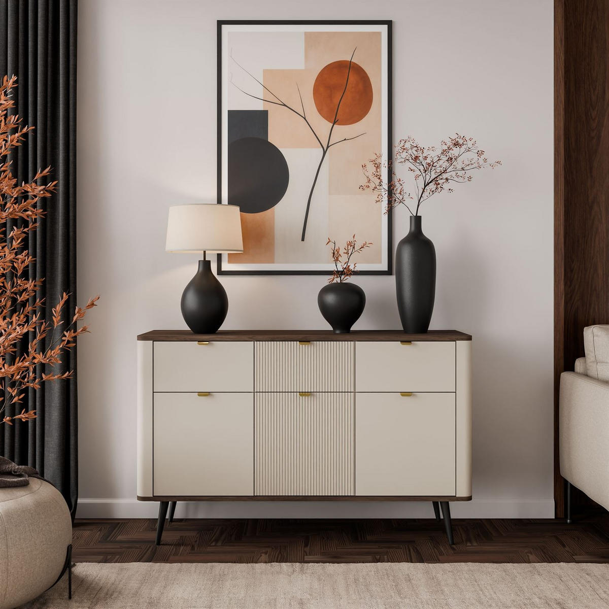 KOMMODE AUTUMN 3D3S auf hohen Beinen, Kaschmir / Nussbaum - Beige, Holzwerkstoff (130/82/40cm) - Lookway