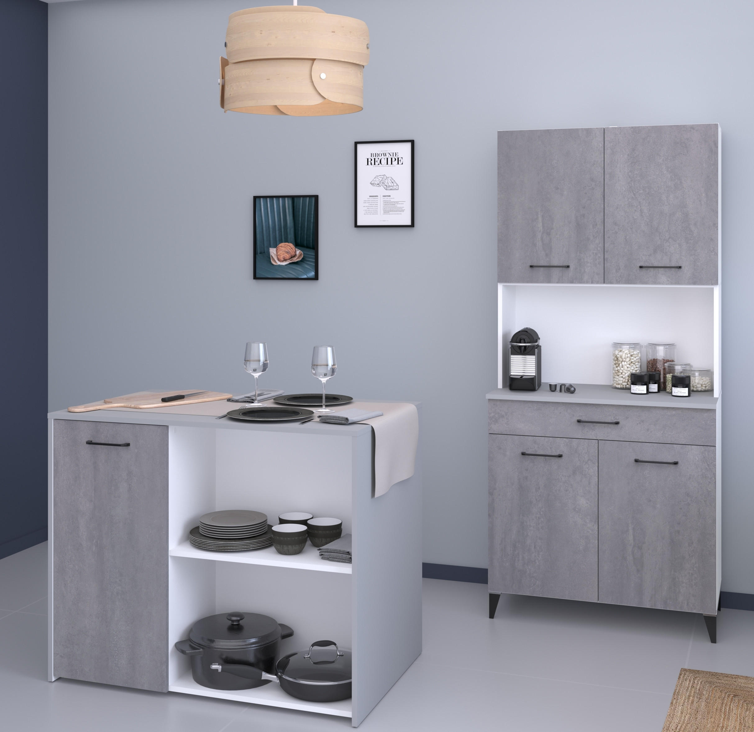 KÜCHENMÖBEL Malice 3 in Weiß und Beton 2teilig Küchenbuffet mit Kücheninsel - Weiß, Holzwerkstoff (80/200/120cm)