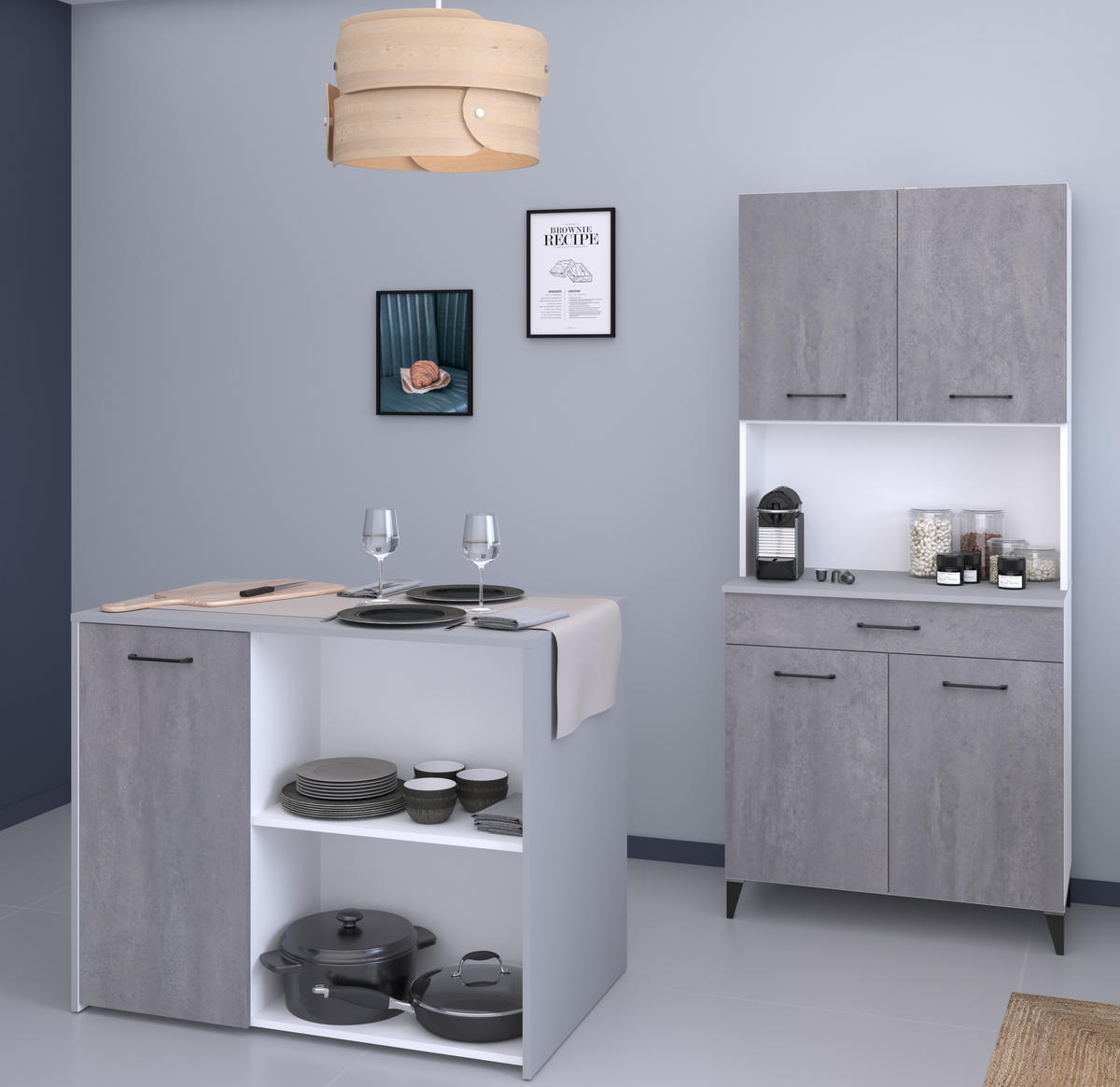 KÜCHENMÖBEL Malice 3 in Weiß und Beton 2teilig Küchenbuffet mit Kücheninsel - Weiß, Holzwerkstoff (80/200/120cm)