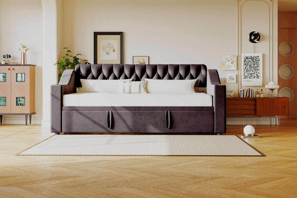 SCHLAFSOFA 90/180x190 cm mit USB, Ablage und Samtbezug, Dunkelgrau - Grau, Textil (215/78.5/98.5cm)