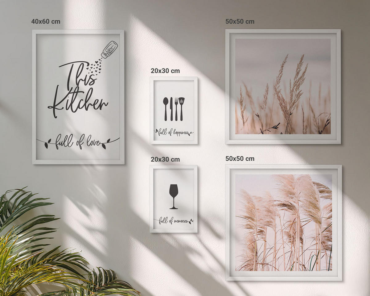 BILDER SET 5er Set - 50x50 cm & 20x30 cm & 40x60 cm Weißer Rahmen - Abstrakte Blattmalerei - Weiß, Kunststoff (40/60cm) - TULUP