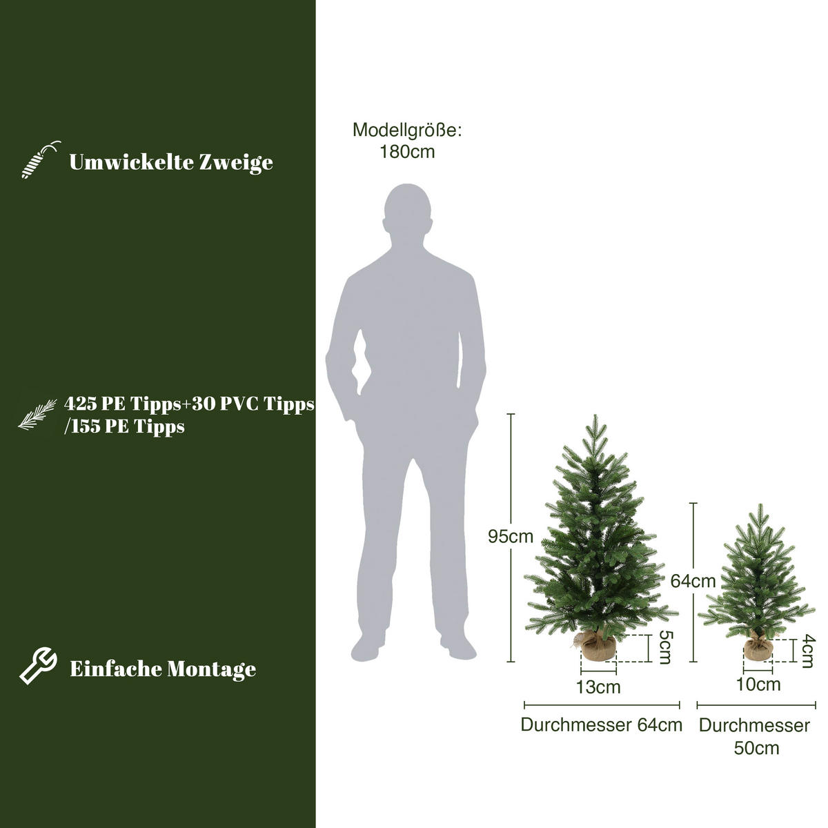 KÜNSTLICHER Weihnachtsbaum 2er Set, 60 & 90 cm, Fichten-Optik - Grün, Kunststoff (95cm) - Hometopia