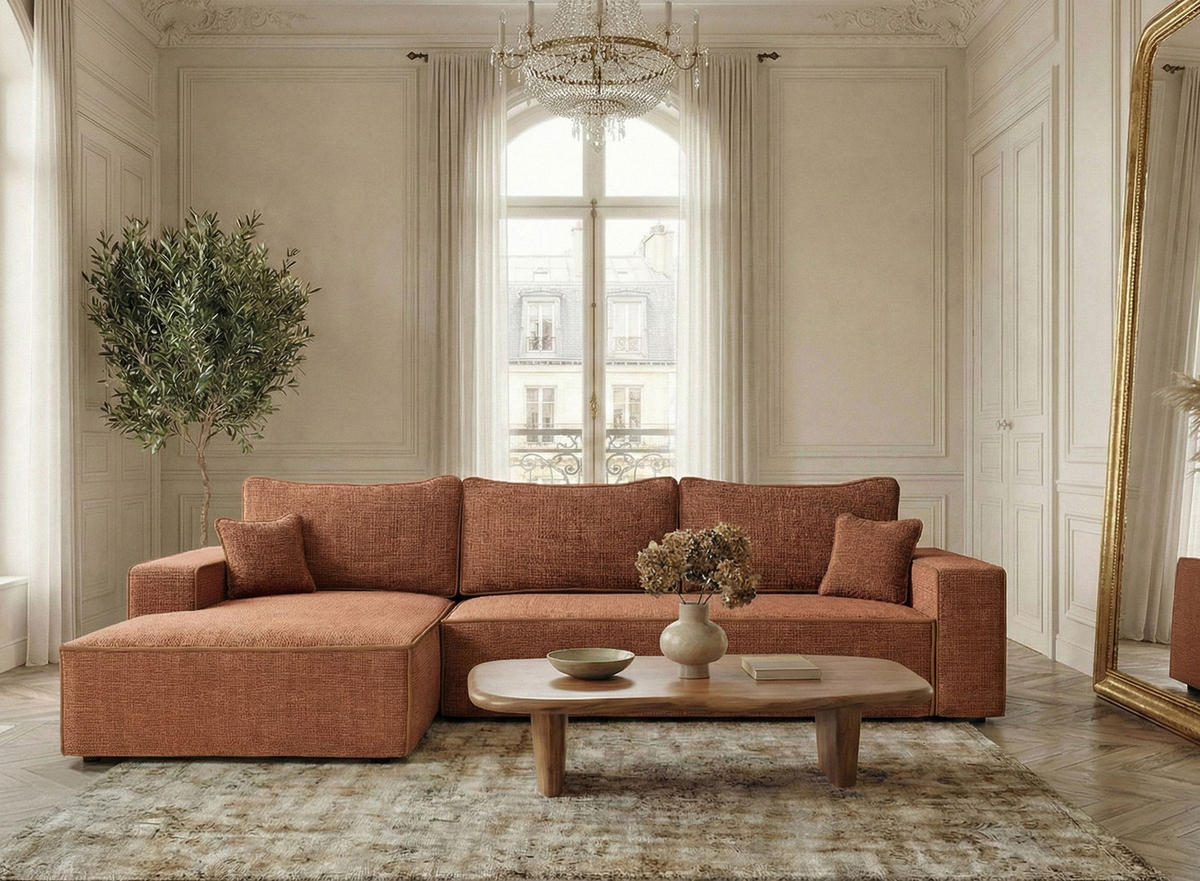 ECKSOFA MIT SCHLAFFUNKTION Modo Grau Chenille-Stoff - Links Seite - Rostfarben/Schwarz, Holz/Holzwerkstoff (185/294cm) - Maison de Reve