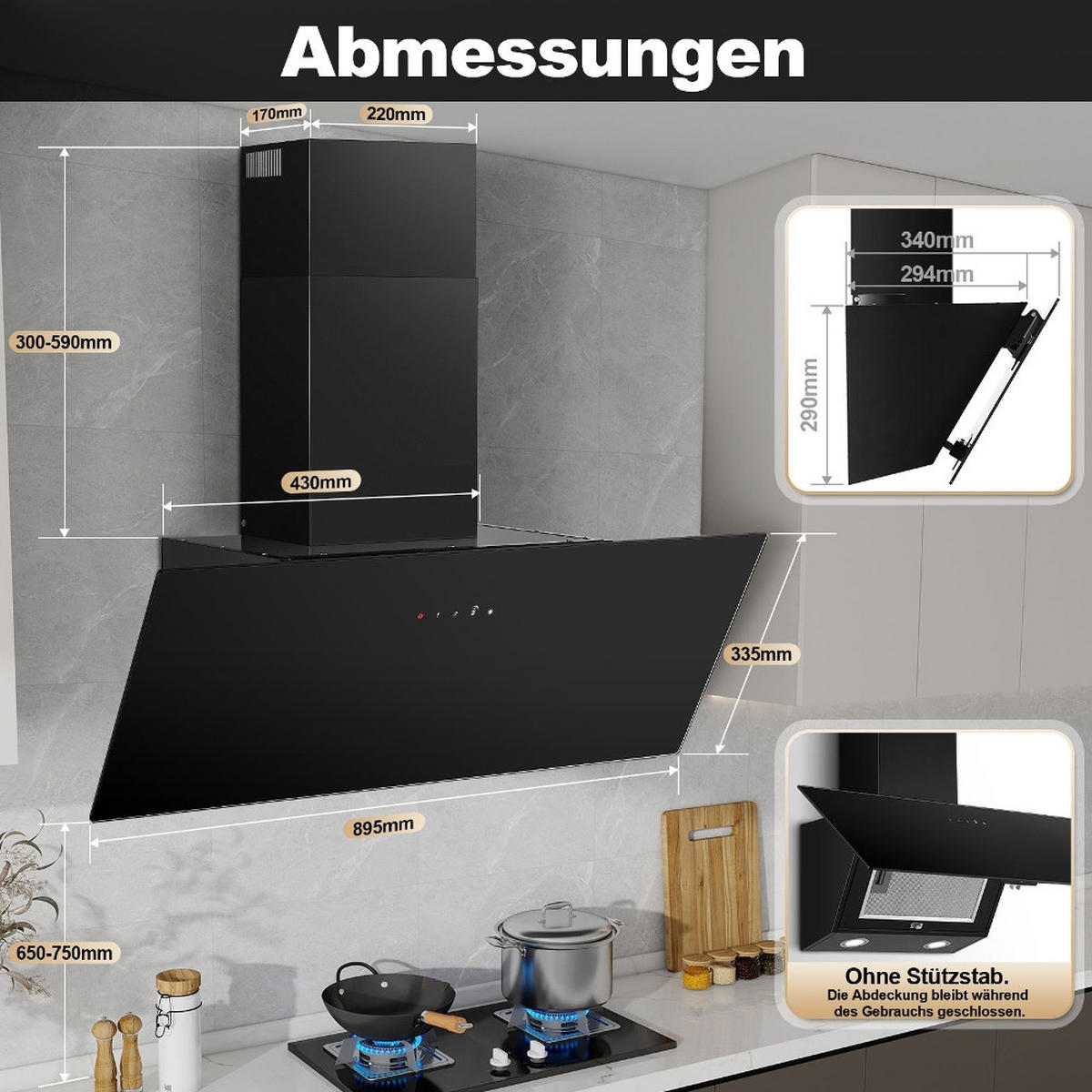 DUNSTABZUGSHAUBE Kopffreihaube, TOUCHSCREEN, UMLUFT UND ABLUFT, Schwarz Glas, Wandhaube, 90 cm - Schwarz, Metall (35.1/44.5/95.4cm) - Rolipo