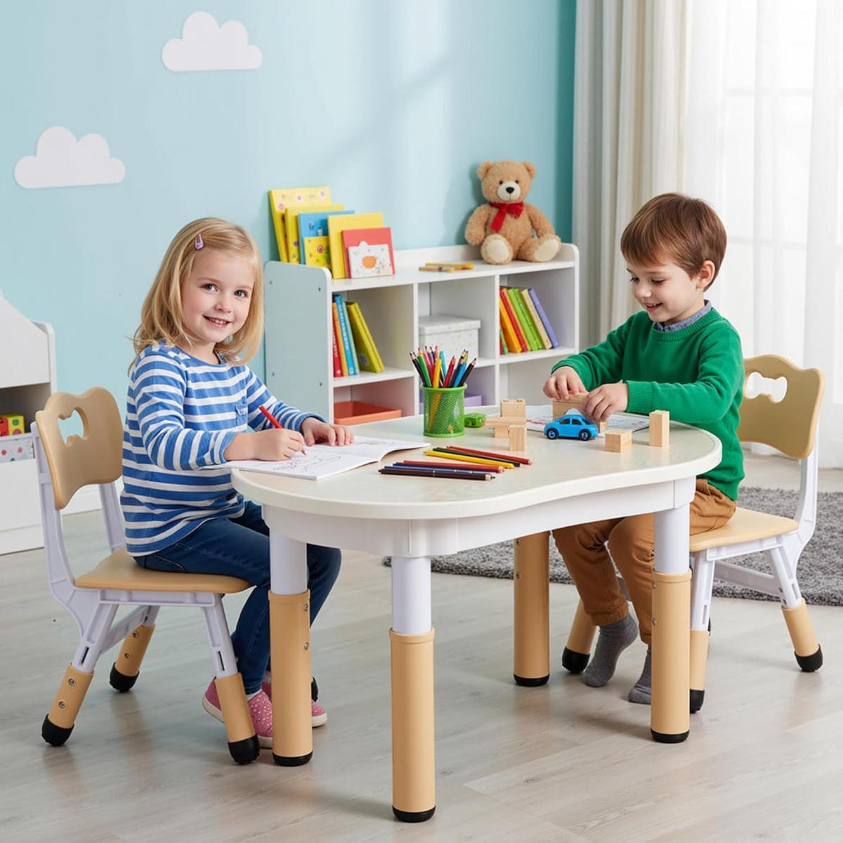 KINDERTISCH mit 2 Stühlen 3-teiliges Set höhenverstellbar Gelb - Multicolor, Kunststoff (60/60/80cm)