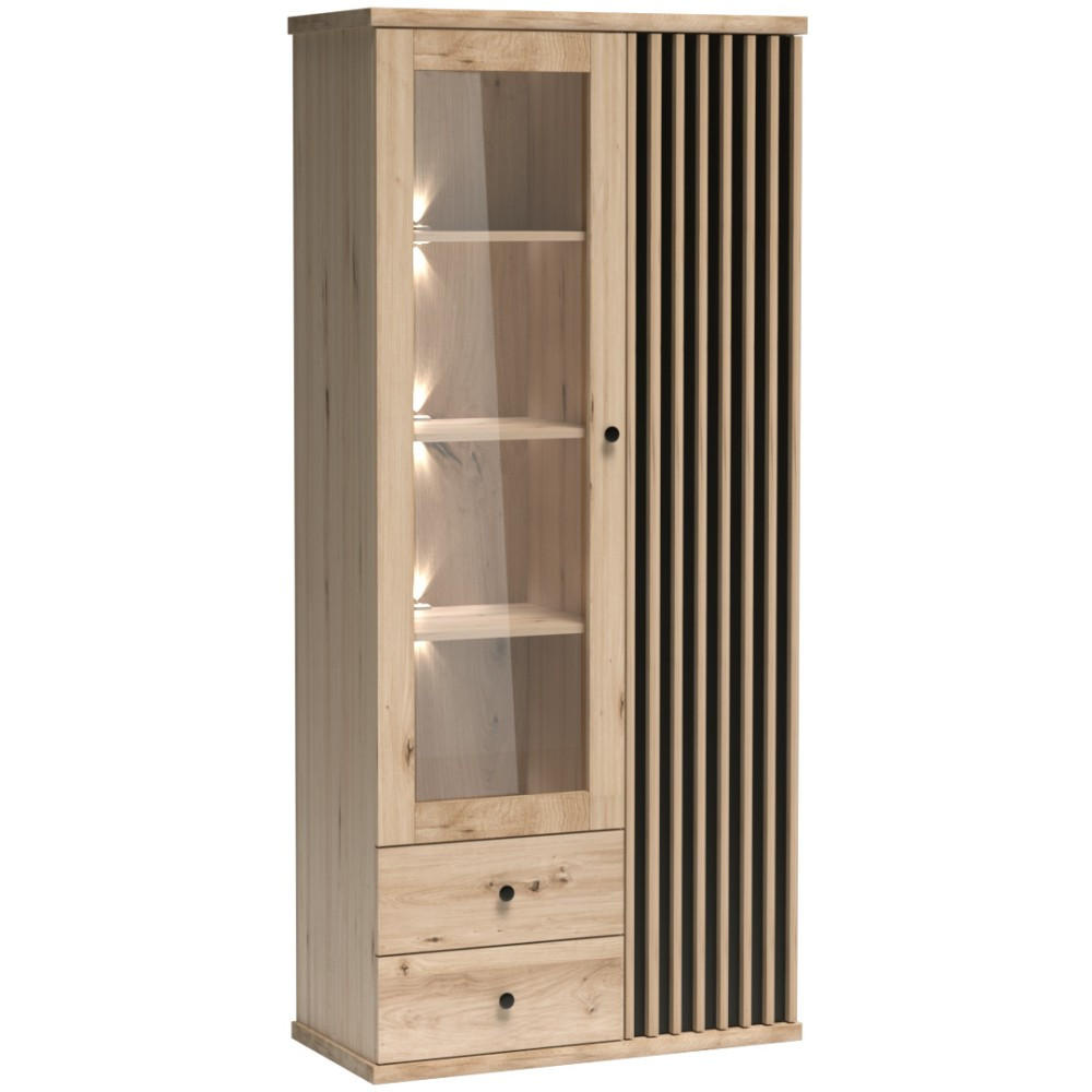 VITRINE Caya mit zwei Türen, zwei Schubladen und LED-Beleuchtung - Eiche Artisan, Holzwerkstoff (86/191/41cm) - Beautysofa