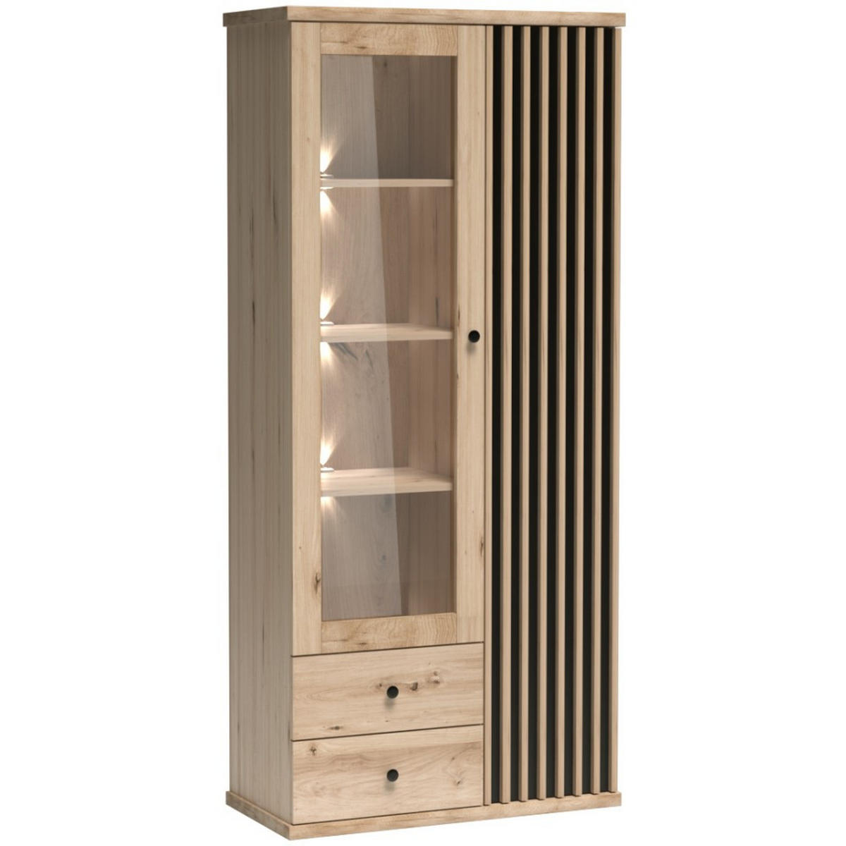 VITRINE Caya mit zwei Türen, zwei Schubladen und LED-Beleuchtung - Eiche Artisan, Holzwerkstoff (86/191/41cm) - Beautysofa