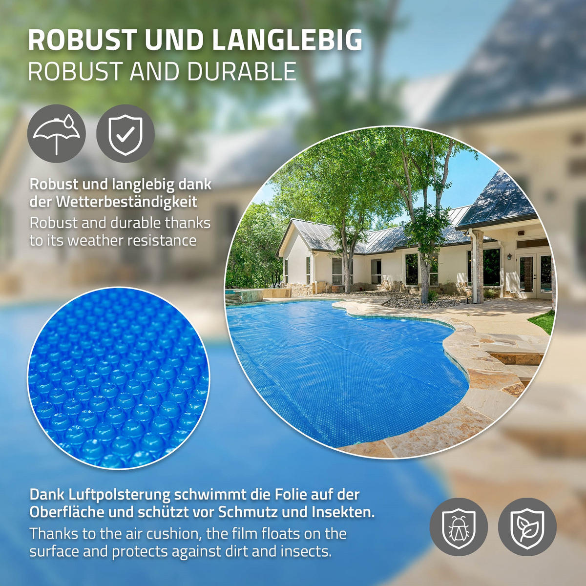 BAZÉNOVÁ SOLÁRNÍ FÓLIE obdélníková 260x160 cm modrá 120 µm z PE vzduchové bublinky - modrá, plast (260/160cm) - ECD-Germany