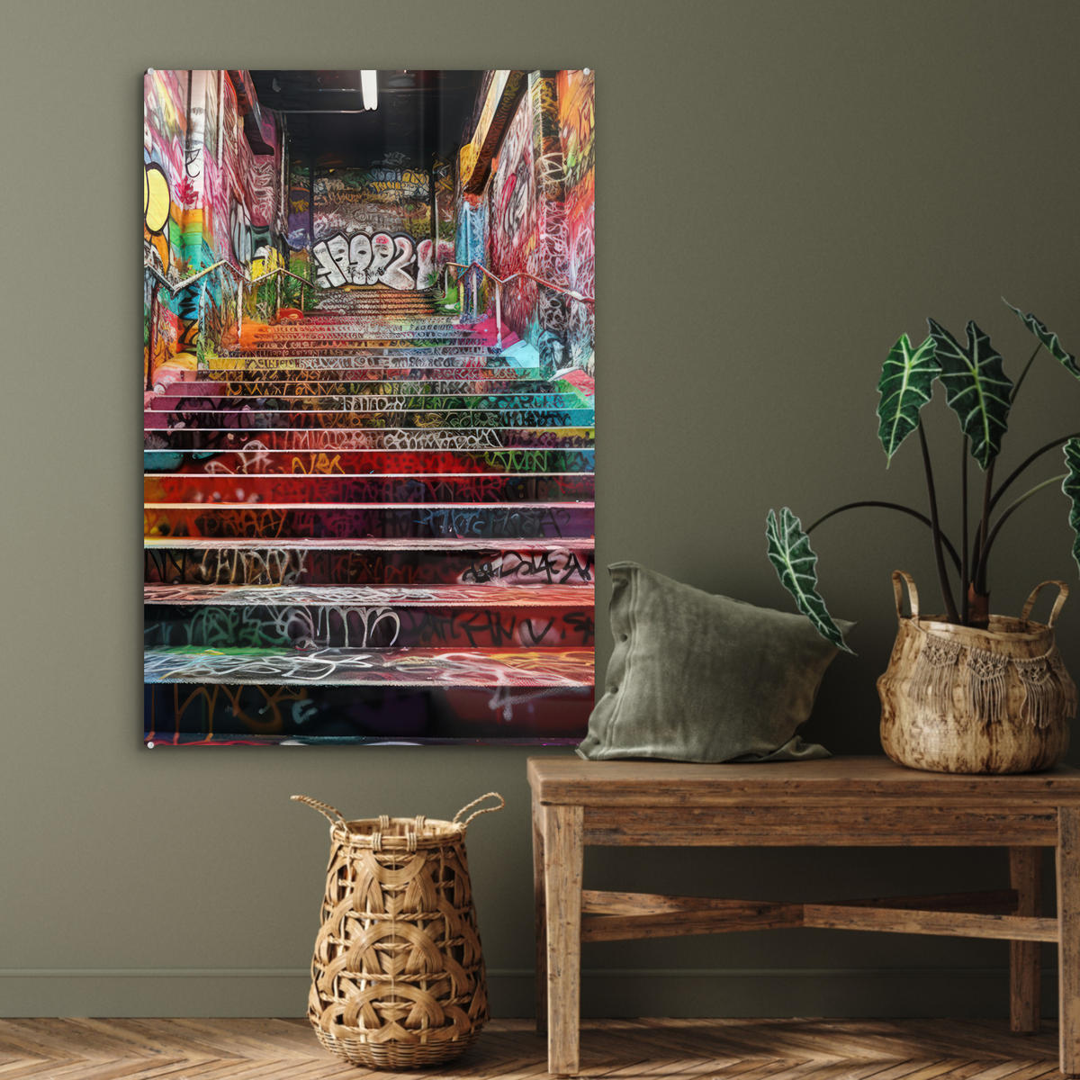 ACRYLGLASBILD Treppe - Graffiti - Farben - Kunst 60x90 cm - Multicolor, Glas (60/90cm) - MuchoWow