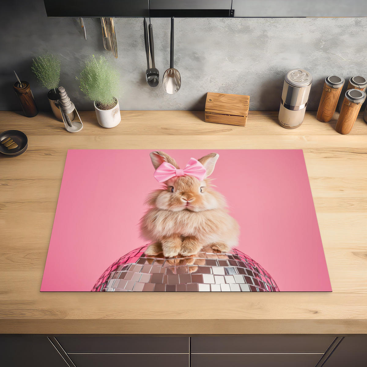 HERDABDECKPLATTE Schleife - Discoball - Kaninchen Herdabdeckung Induktionsfeld 75x52 cm - Pink, Kunststoff (75/52/0.2cm) - MuchoWow