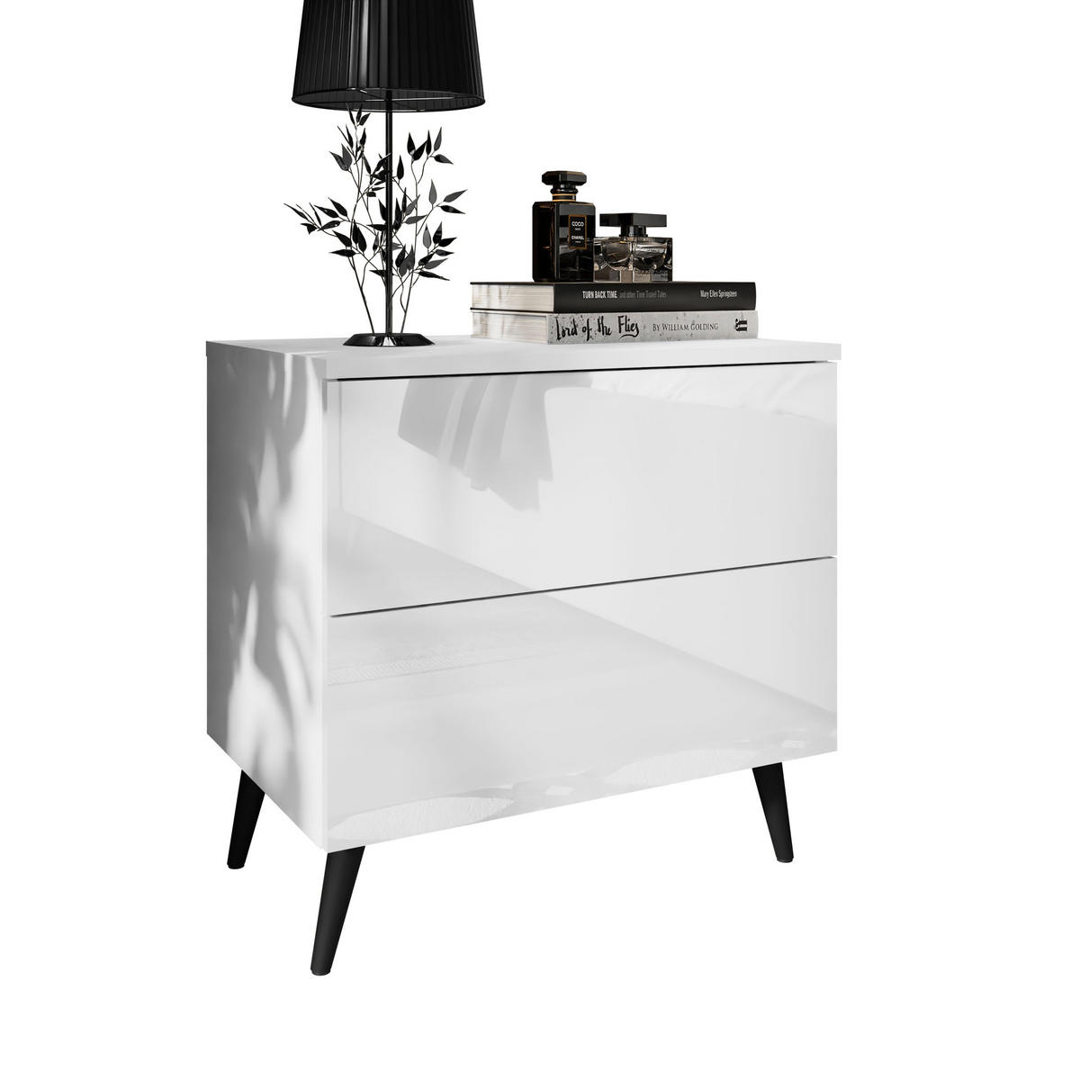 NACHTTISCH AURA PUSH OPEN mit schwarzen Beinen - Weiß, Holzwerkstoff (55/54/37cm) - Lookway