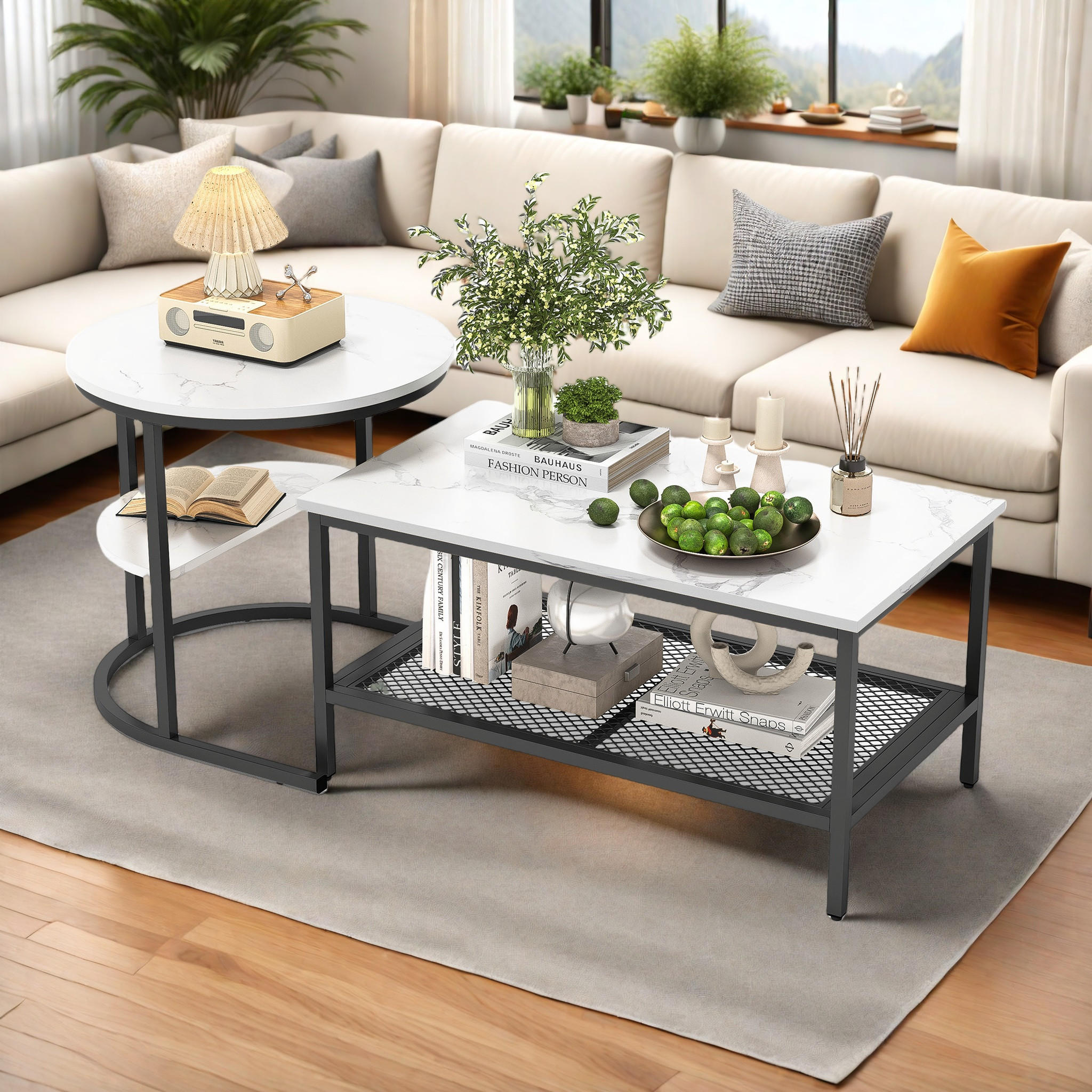 COUCHTISCH 2er Set, Marmoroptik mit Ablage & Metallrahmen, Schwarz + Gold - Schwarz, Holz (112/58/10cm)