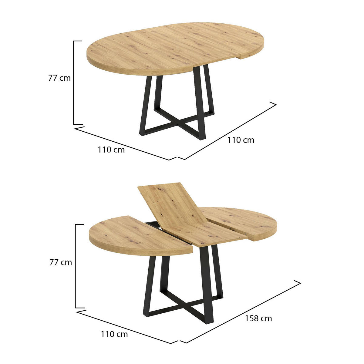 ESSTISCH ausziehbar Holz-Effekt Knoteneiche 110x158h77 - Schwarz, Metall (110/158/77cm) - DMORA