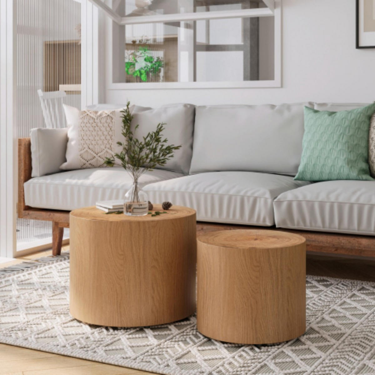 COUCHTISCHE 2er Set runde Nesting-Tische aus Naturholz mit echter Baumring-Optik – platzsparender Beistelltisch für Wohnzimmer, Schlafzimmer, Balkon & - Eukalyptusholzfarben, Holzwerkstoff (48/48/38cm)