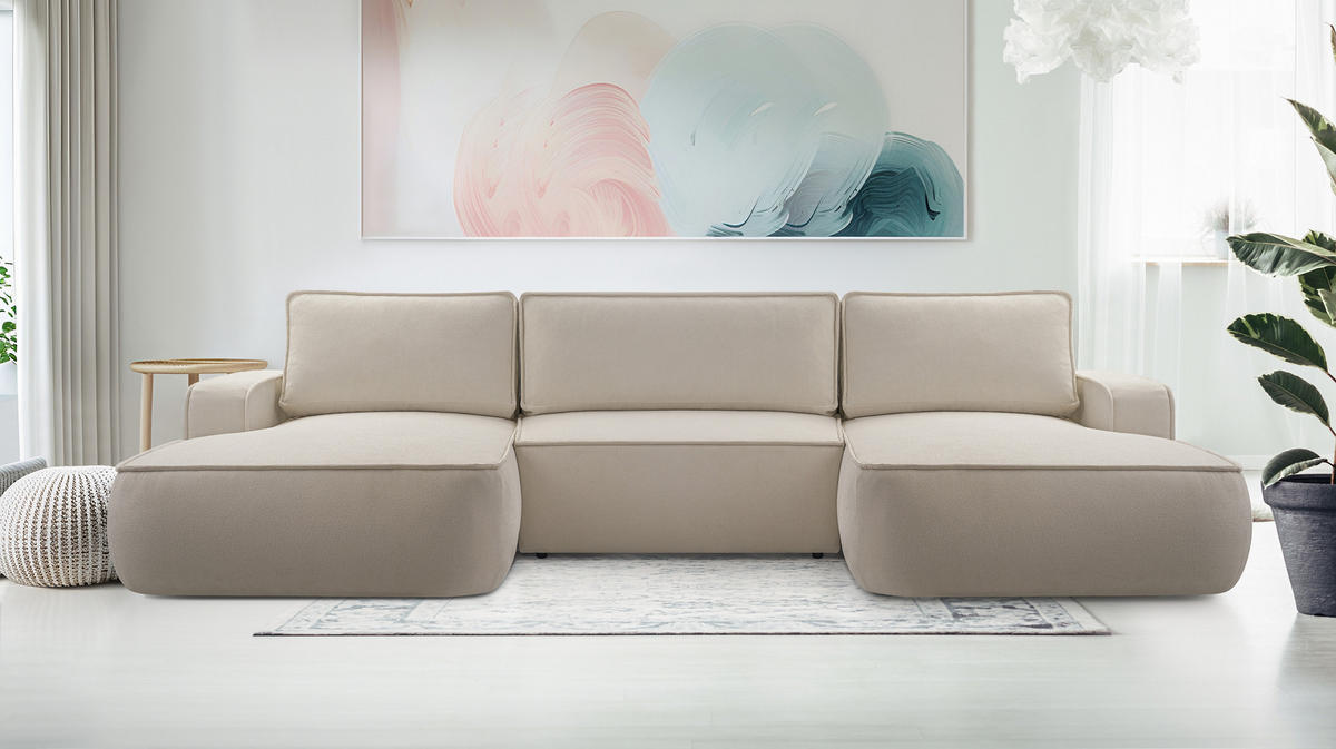 WOHNLANDSCHAFT Ablia Beige 364/168/87 cm mit Schlaffunktion - Beige/Schwarz, Kunststoff/Textil (364/87/168cm) - AX Living