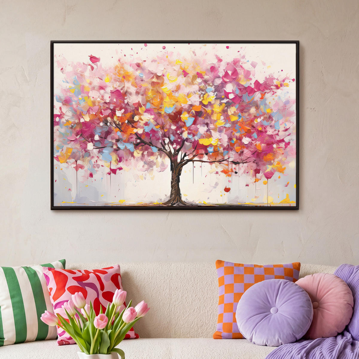 LEINWAND Bilder mit Rahmen - Aquarell - Baum - Kunst - Abstrakt - 90x60 - Multicolor, Textil (90/60cm) - MuchoWow