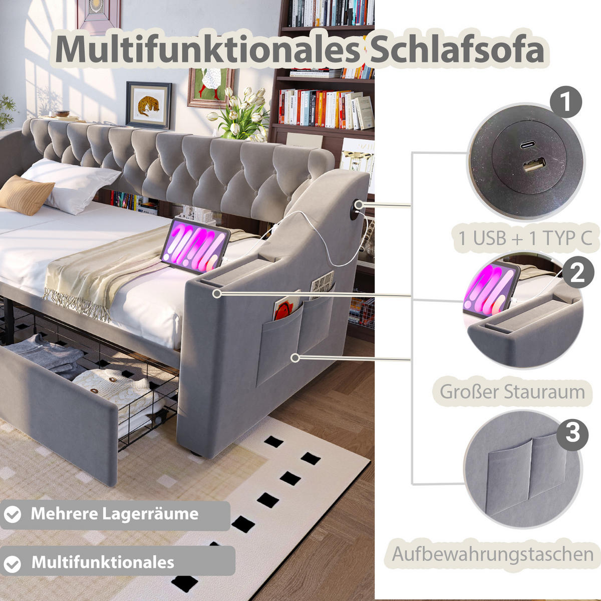 POLSTERBETT 90/190 cm aus Samt mit Stauraum und USB- und Type-C-Anschlüssen - Hellgrau, Textil (90/190cm) - Flora Grace