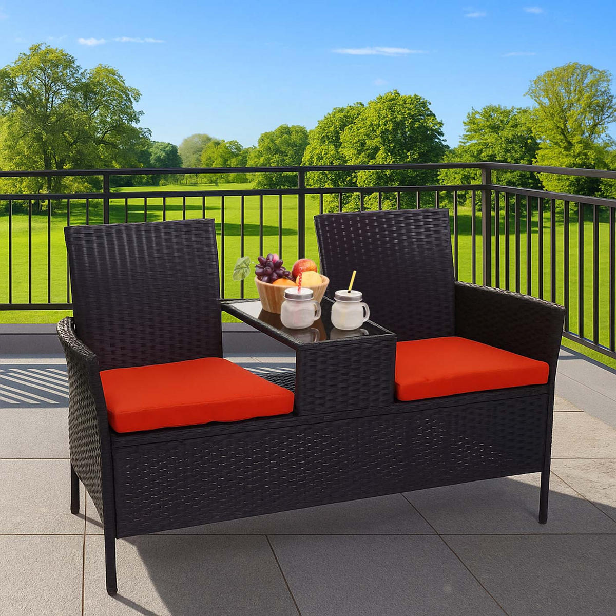 POLY-RATTAN SITZBANK MIT TISCH Schwarz, Orange - Schwarz/Orange, Kunststoff (132/84/55cm) - MCW