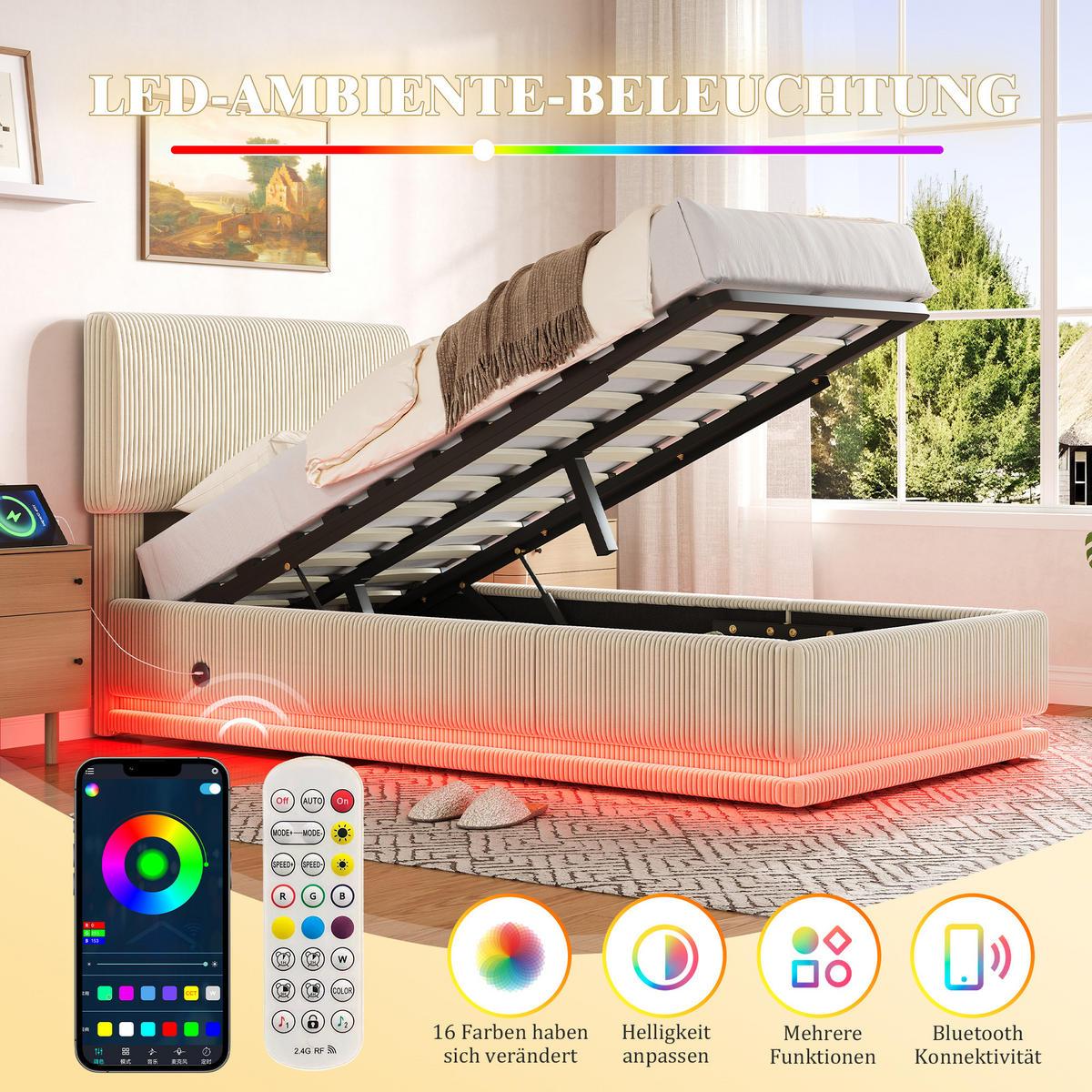 POLSTERBETT 90x200 cm LED USB Stauraum beige - Beige, Textil (90/200cm) - LEBENLANG