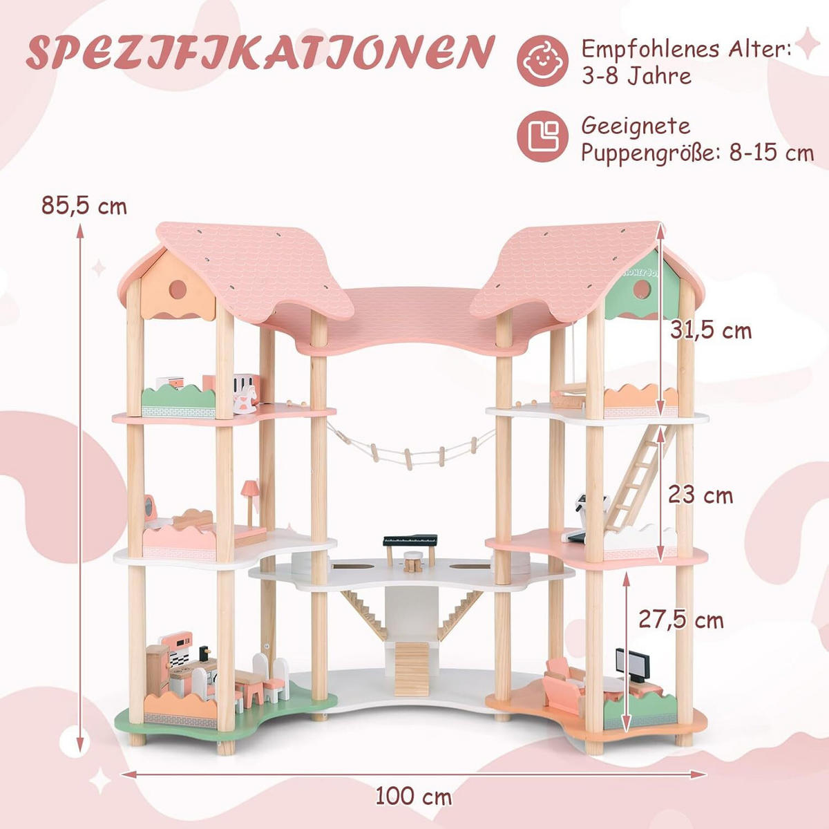 PUPPENHAUS 85cm Rosa - Pink, Holz (48/85/100cm) - COSTWAY
