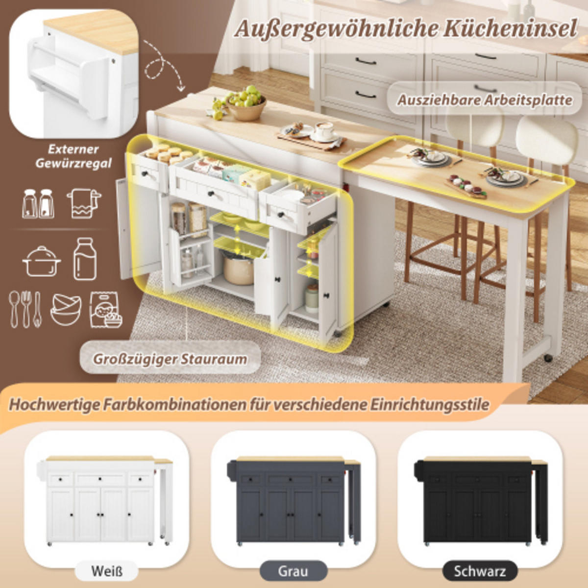 KÜCHENINSEL mit seitlich ausziehbarer Arbeitsplatte weiß-natur 137-190,6×45,2×92 cm aus MDF - Weiß, Holzwerkstoff (190.6/92/45.2cm) - Luhomfu